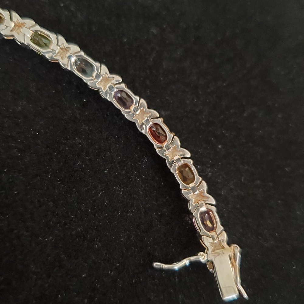 925 Sterling Silver Multi Gemstone Tennis Bracelet Overtone Vintage - Picture 10 of 15